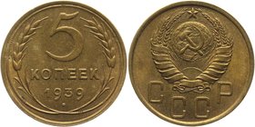 Russia - USSR 5 Kopeks 1939
Y# 108; Aluminium-Bronze 5,22g.