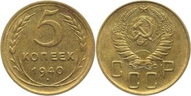 Russia - USSR 5 Kopeks 1940
Y# 108; Aluminium-Bronze 5,0g.; Rare; AUNC