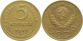 Russia - USSR 5 Kopeks 1941
Y# 108; Aluminium-Bronze 5,0g.; Rare