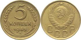 Russia - USSR 5 Kopeks 1945
Y# 108; Aluminium-Bronze 5,0g.; Rare