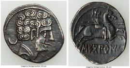 SPAIN. Sekobirikes. Ca. 2nd-1st centuries BC. AR denarius (20mm, 3.34 gm, 2h). VF. Bare male head right; crescent to left, Iberian s below / Warrior, ...