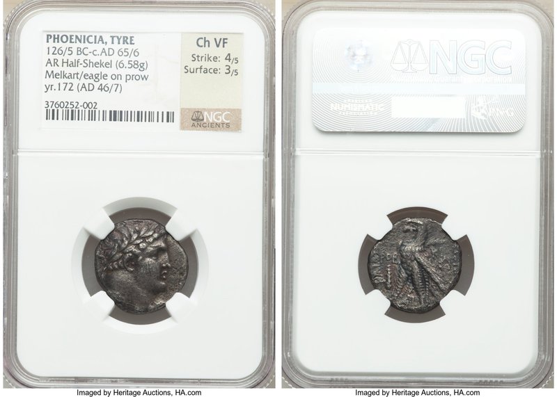 PHOENICIA. Tyre. Ca. 126/5 BC-AD 65/6. AR half-shekel (6.58 gm). NGC Choice VF 4...