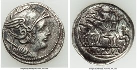 Anonymous (ca. 211-208 BC). AR denarius (19mm, 4.20 gm, 5h). VF. Rome. Head of Roma right, wearing winged helmet surmounted by griffin crest; X (mark ...