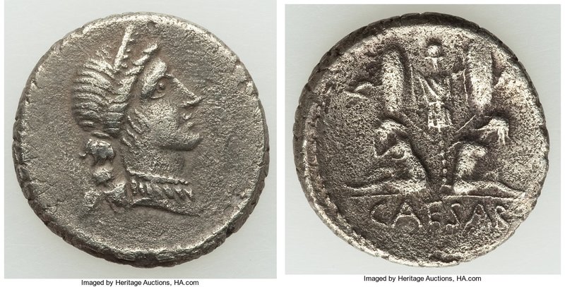 Julius Caesar, as Dictator (49-44 BC). AR denarius (18mm, 3.57 gm, 2h). VF, roug...