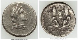 Julius Caesar, as Dictator (49-44 BC). AR denarius (18mm, 3.57 gm, 2h). VF, roughness. Military mint traveling with Caesar in Spain, late 46-early 45 ...