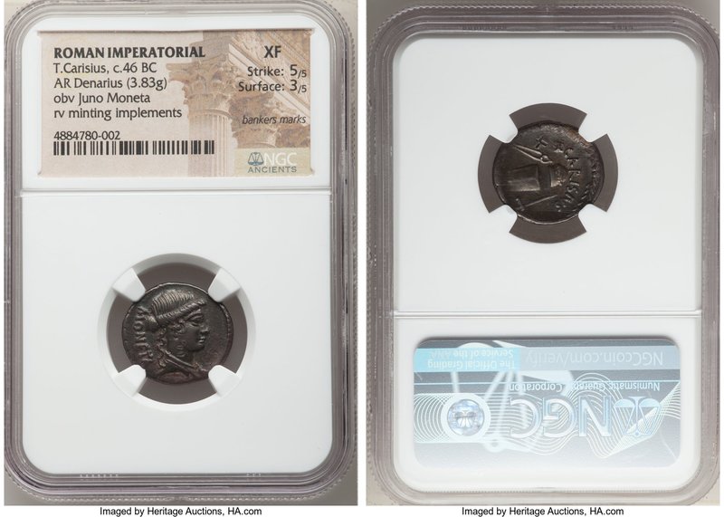 T. Carisius (ca. 46 BC). AR denarius (18mm, 3.83 gm, 9h). NGC XF 5/5 - 3/5, bank...