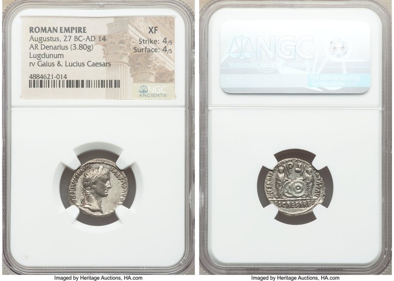 Augustus (27 BC-AD 14). AR denarius (18mm, 3.80 gm, 12h). NGC XF 4/5 - 4/5. Lugd...