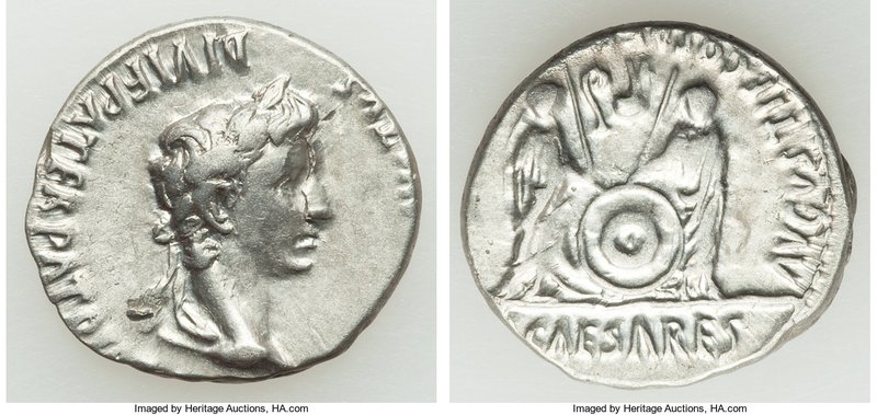 Augustus (27 BC-AD 14). AR denarius (19mm, 3.69 gm, 12h). XF, flan flaws. Lugdun...