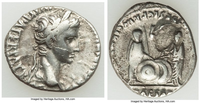Augustus (27 BC-AD 14). AR denarius (18mm, 3.59 gm, 4h). VF, flan flaw. Lugdunum...