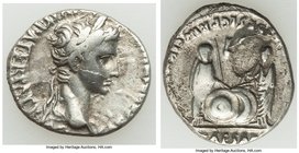 Augustus (27 BC-AD 14). AR denarius (18mm, 3.59 gm, 4h). VF, flan flaw. Lugdunum, 2 BC-AD 4. CAESAR AVGVSTVS-DIVI F PATER PATRIAE, laureate head of Au...
