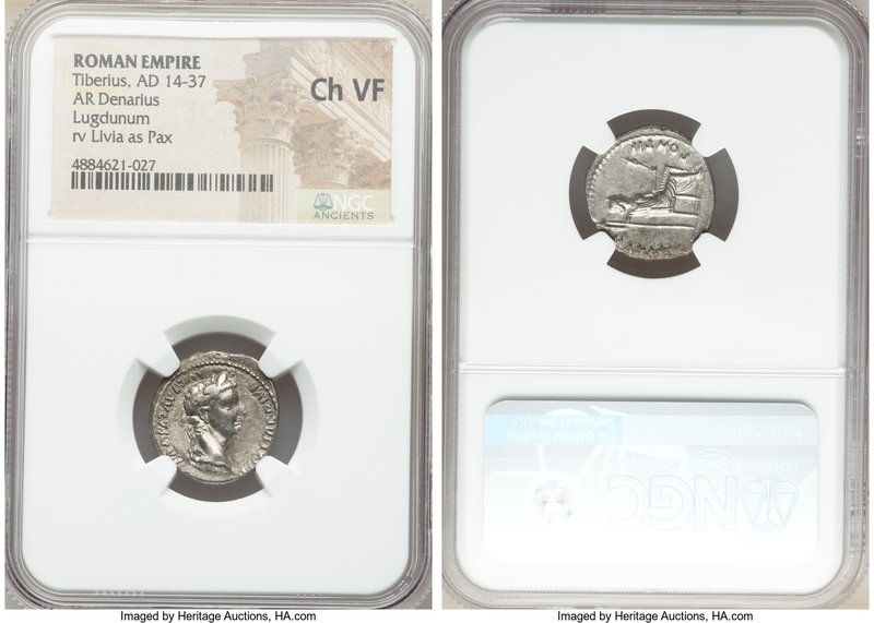 Tiberius (AD 14-37). AR denarius (17mm, 3h). NGC Choice VF. Lugdunum. TI CAESAR ...