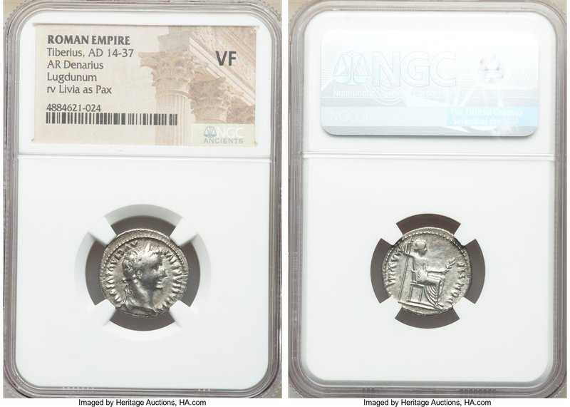 Tiberius (AD 14-37). AR denarius (19mm, 1h). NGC VF. Lugdunum. TI CAESAR DIVI-AV...