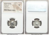 Tiberius (AD 14-37). AR denarius (19mm, 1h). NGC VF. Lugdunum. TI CAESAR DIVI-AVG F AVGVSTVS, laureate head of Tiberius right / PONTIF-MAXIM, Livia (a...
