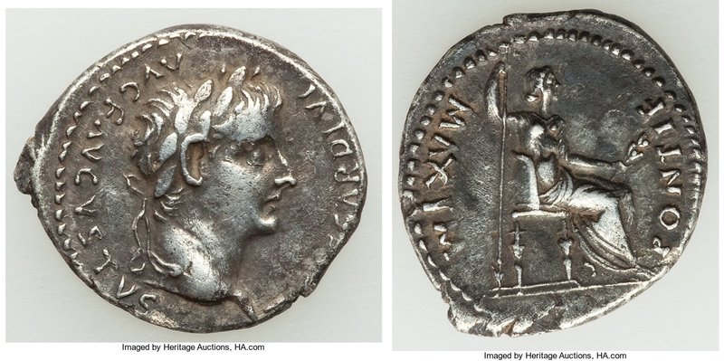 Tiberius (AD 14-37). AR denarius (20mm, 3.57 gm, 9h). XF. Lugdunum, ca. AD 18-35...