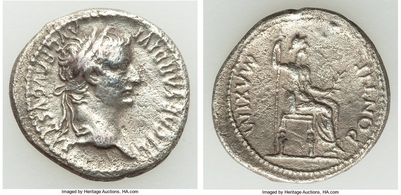 Tiberius (AD 14-37). AR denarius (19mm, 3.59 gm, 7h). About VF. Lugdunum, ca. AD...