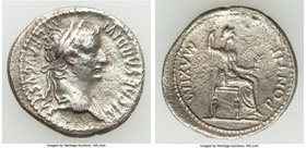 Tiberius (AD 14-37). AR denarius (19mm, 3.59 gm, 7h). About VF. Lugdunum, ca. AD 18-35. TI CAESAR DIVI-AVG F AVGVSTVS, laureate head of Tiberius right...