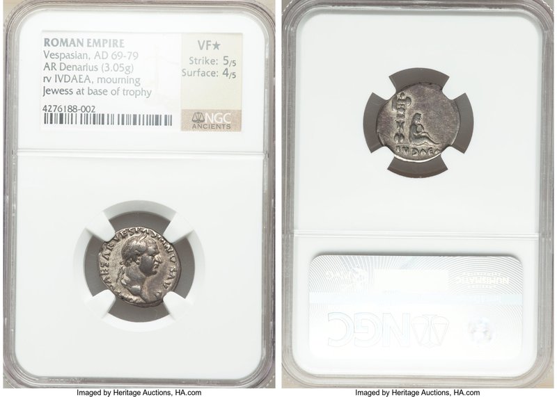 Vespasian (AD 69-79). AR denarius (18mm, 3.05 gm, 5h). NGC VF S 5/5 - 4/5. Rome,...