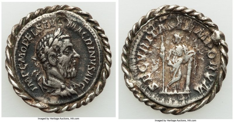 Macrinus (AD 217-218). AR denarius (21mm, 3.68 gm, 11h). VF, holed and plugged, ...