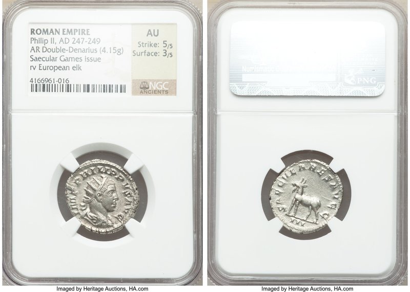 Philip II, as Augustus (AD 247-249). AR antoninianus (21mm, 4.15 gm, 1h). NGC AU...