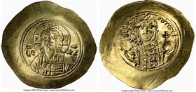 Michael VII Ducas (AD 1071-1078). AV/EL histamenon nomisma scyphate (31mm, 4.36 gm, 6h). NGC Choice AU 5/5 - 5/5. Constantinople. Bust of Christ facin...