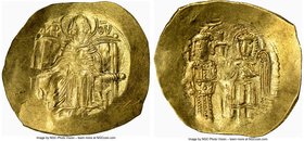Isaac II Angelus (AD 1185-1195). AV hyperpyron (26mm, 4.23 gm, 6h). NGC Choice AU 4/5 - 3/5, graffito. Constantinople. MHP-ΘV, Nimbate Virgin enthrone...