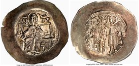 Isaac II Angelus, first reign (AD 1185-1195). EL aspron trachy (30mm, 4.12 gm, 7h). NGC MS 4/5 - 5/5. Constantinople. Full length figure of the Virgin...