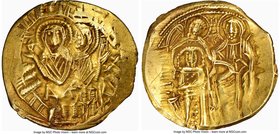 Michael VIII Palaeologus (AD 1261-1282). AV/EL hyperpyron (23mm, 4.06 gm, 6h). NGC AU 3/5 - 3/5, graffiti. Constantinople. Half-length figure of the V...