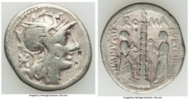 ANCIENT LOTS. Roman Republic. Ca. 134-55 BC. Lot of two (2) AR denarii. Fine, bankers marks. Includes: Ti. Minucius C.f. Augurinus (ca. 134 BC), Fine,...