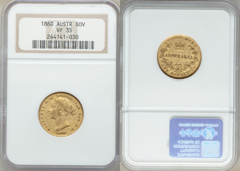Victoria gold Sovereign 1860-SYDNEY VF35 NGC, Sydney mint, KM4. AGW 0.2353 oz. 
...