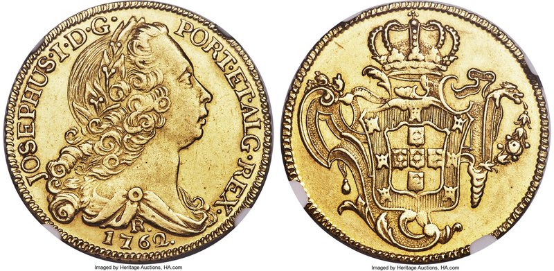 Jose I gold 6400 Reis 1762/1-R MS62+ NGC, Rio de Janeiro mint, KM172.2. Paulista...