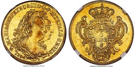 Maria I & Pedro III gold 6400 Reis 1785-R AU58 NGC, Rio de Janeiro mint, KM199.2, LMB-467, Gomes-30.19. Well-struck and lustrous, with only the fainte...