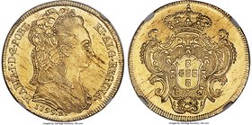Maria I gold 6400 Reis 1799-R MS62 NGC, Rio de Janeiro mint, KM226.1.Silky surfaces across the majority of the planchet with a charming radiance outli...