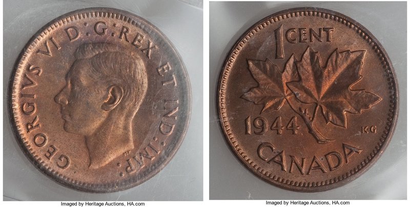 George VI 6-Piece Lot of Certified Cents ICCS, 1) Cent 1944 - MS64 Red, KM32 2) ...