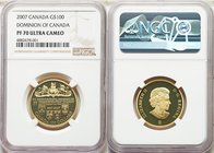Elizabeth II gold Proof 100 Dollars 2007 PR70 Ultra Cameo NGC, Royal Canadian Mint, KM689. Mintage: 4,453. 140th anniversary Dominion. AGW 0.2250 oz. ...