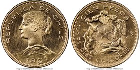 Republic gold 100 Pesos 1961-So MS67 NGC, Santiago mint, KM175. Superb gem with reflective and lustrous surfaces. AGW 0.5885 oz. 

HID09801242017