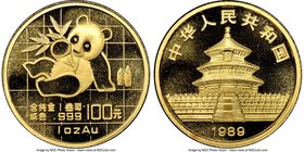 People's Republic gold "Small Date" Panda 100 Yuan (1 oz) 1989 MS69 NGC, KM229. Virtually as struck. AGW 0.9999 oz. 

HID09801242017