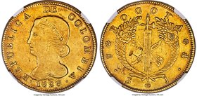 Republic gold 8 Escudos 1826 BOGOTA-JF AU58 NGC, Bogota mint, KM82.1. Visually rich, with a deep honey tone across the surfaces and a bright lustrous ...