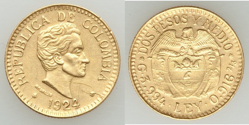 Republic gold 2-1/2 Pesos 1924 XF (lamination), Medellin mint, KM2003. 19.2mm. 3...