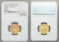 Chios. Anonymous gold Imitative Ducat (Zecchino) ND (1343-1354) AU53 NGC, Uncertain mint, Fr-38a. St. Mark standing right presenting banner to kneelin...