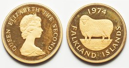 British Colony. Elizabeth II gold Proof 2 Pounds 1974, KM8. 28.2mm. 16.13gm. Mintage: 2,158. With Romney marsh sheep on reverse. AGW 0.4711 oz.

HID09...