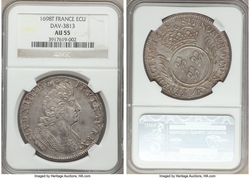 Louis XIV Ecu 1698-T AU55 NGC, Nantes mint, KM298.18, Dav-3813. Lavender-gray ov...