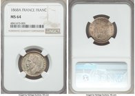 Napoleon III Franc 1868-A MS64 NGC, Paris mint, KM806.1, Gad-463. Nice reflectivity emitting its brilliance from behind pastel shades of colorful toni...