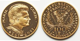 Republic gold Proof "Marie Curie" 100 Francs 1984-(a), Paris mint, KM955b. 3l.9mm. 17.0gm. Issued for the 50th anniversary of the death of Marie Curie...
