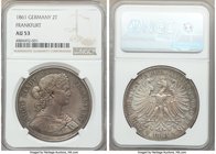 Frankfurt. Free City 2 Taler 1861 AU53 NGC, KM365. Smokey gray toning, reverse with blue and gold peripheries. 

HID09801242017