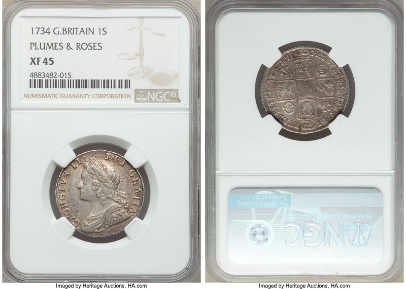 George II Shilling 1734 XF45 NGC, KM561.5, S-3700. Young head with larger letter...