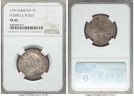 George II Shilling 1734 XF45 NGC, KM561.5, S-3700. Young head with larger lettering in the legends. Roses and plumes in angles. Nice collectible grade...