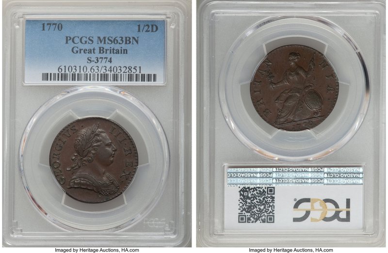 George III 1/2 Penny 1770 MS63 Brown PCGS, KM601, S-3774. Deep chocolate brown, ...
