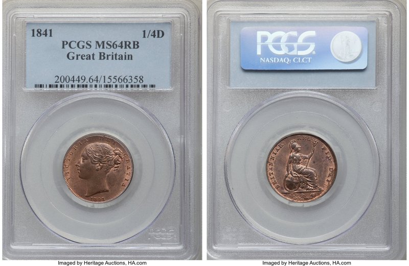Victoria Farthing 1841 MS64 Red and Brown PCGS, KM725, S-3950. Young head variet...
