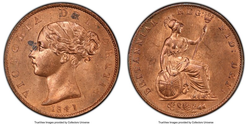 Victoria 1/2 Penny 1841 MS64 Red PCGS, KM726, S-3949. Spot on the bridge of her ...