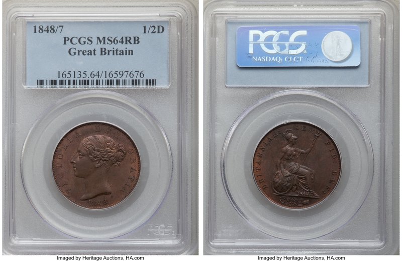 Victoria 1/2 Penny 1848/7 MS64 Red and Brown PCGS, KM726, S-3949. Clear view of ...
